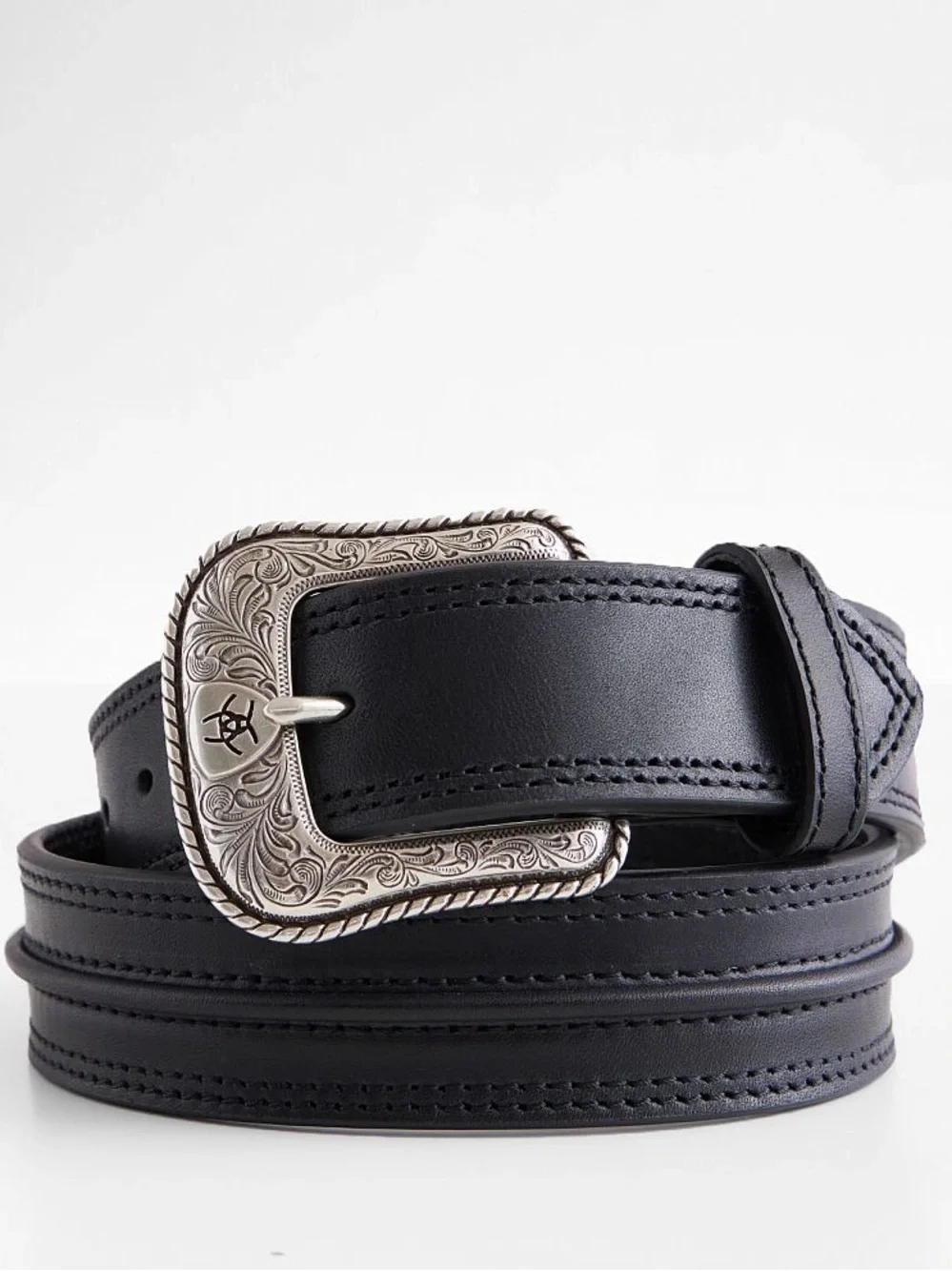 Ariat Men's Black Center Ridge Genuine Leather Belt Silver Buckle with Logo